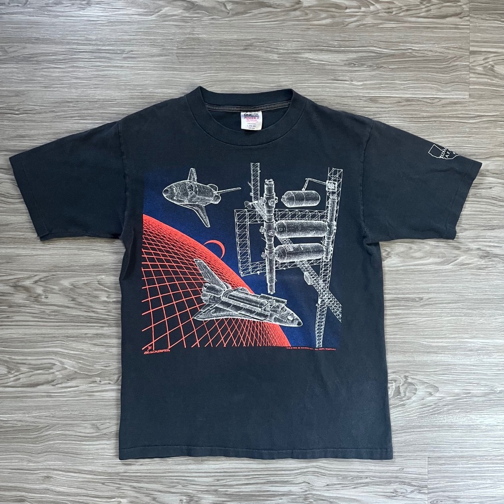Vintage 1986 NASA Space Shuttle T-Shirt Blackbird Oneita Edwards AFB Mens L USA
